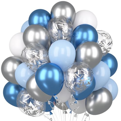 Luftballons Blau Silber, 60 Stück Ballons Silber Blau Weiss, Metallic Blaue Luftballons Geburtstag Blaue Set, Dunkelblau Hellblau Helium Ballons für Geburtstag Hochzeit Baby Shower Party Deko