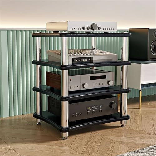 LSUTBFEL Audio-Rack Medienregal Plattenspieler-Ständer Stereo-Schrank für Receiver, Vinyl-Plattenspieler-Ständer HiFi-Stereo-Rack AV-Komponentenregal für Geräteaufbewahrung,Schwarz,4 Tier