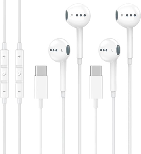 [Certificato Apple MFi] Cuffie USB C cablate, confezione da 2 auricolari di tipo C con microfono e telecomando, cancellazione del rumore, auricolari cablati USB C per iPhone 17 16 15 Pro Max, Galaxy