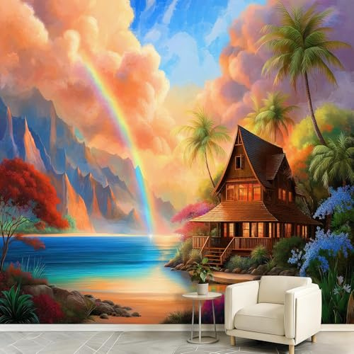 Fototapeten mit Regenbogen Blockhaus Berge 400x280cm Vliestapete - Wanddekoration für Wohnzimmer TV-Wand Badezimmer & Schlafzimmer Küche - Fantasy Cartoon Wandtapete