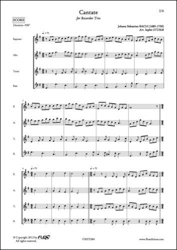 FLEX EDITIONS BACH J. S. - CANTATE - RECORDER QUARTET Klassische Noten Holzblasinstrumente Querflöte