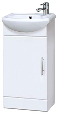Nuie NVS100 Mayford | Modern Bathroom Floor Standing 1 Door Cloakroom Vanity Unit with 1 Tap Hole Basin, 420mm x 780mm, Gloss White, 420mm290mm, Set of 2 Pieces