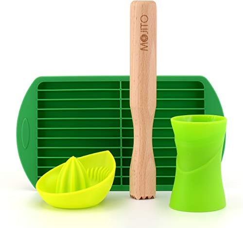 Bar Amigos Kit Mojito Cocktails 4pc Set Presse Agrumes Citron Manuel 30 ML 45 ML Doseur à Cocktail, Feuilles de Menthe Sucre Pilon en Bois pour Cocktails et Silicone Moule Bac à Glace pilée