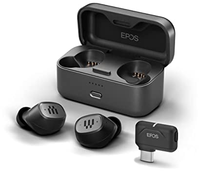 EPOS GTW 270 Wireless Hybrid Gaming Bluetooth Noise Isolation Headphones In Ear, USB-C Dongle, Noise Reducing, Closed Design Dual Microphones Ergonomic, IPX 5 Waterproof, Charger, 20 Hours Playtime