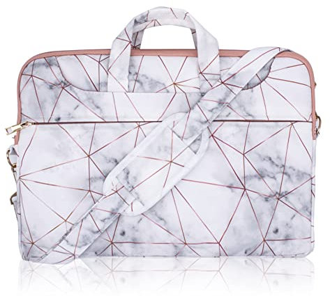 TaylorHe 13-14 inch Poly Canvas Laptop Shoulder Bag with Patterns, Side Pockets Handles and Detachable Strap Rose Gold Metal on Marble