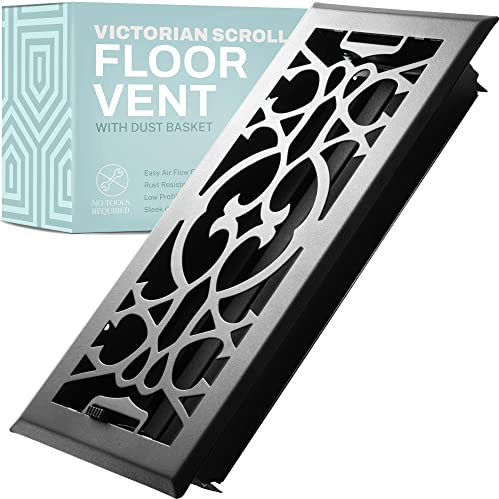 4X12 Floor Vent Covers Floor Register with Mesh Cover Trap, Heat and Air, Walkable Metal Floor Vent for HVAC Duct, Victorian, Matte Black