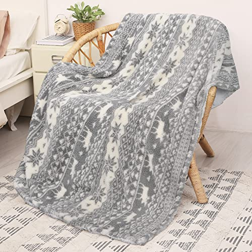 Catalonia Classy Sofadecke mit doppeltem Mikroplüsch-Sherpa-Fleece, superweich, geeignet für alle Jahreszeiten, Flauschiger Plüsch, kuschelige, Dicke Couchüberwürfe，Blumenmuster/Grau,150 x 130 cm