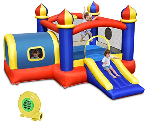 GOPLUS Hüpfburg Aufblasbar, Springburg Bunt, Hüpfschloss mit Rutsche, Spielburg für Kinder, 380 x 305 x 215cm (Feiertage, Mit Gebläse)
