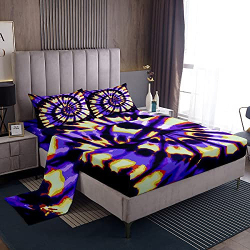 Juego de sábanas Tie Dye para niños,niños,niñas,Bohemio,Hippie,Juego de Ropa de Cama con Tinte de Corbata,Juego de sábanas para Mujer,Color Morado,Amarillo,Trippy Swirl,Juego de sábanas Bohe