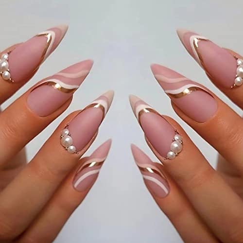 Nägel Oblique Gold Faden Nude Falsche Nägel Schwarze Linie Perlrosa Herz Weiße Kante Presse auf Nägel für Frauen und Mädchen (E)