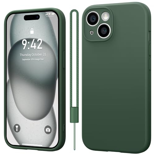 Qasyfanc Handyhülle Kompatibel mit iPhone 15 Hülle, Soft Silikon TPU Case Ultra Dünn Microfiber Kameraschutz Rundumschutz Anti-Kratzer Schutzhülle für iPhone 15 - Dunkelgrün