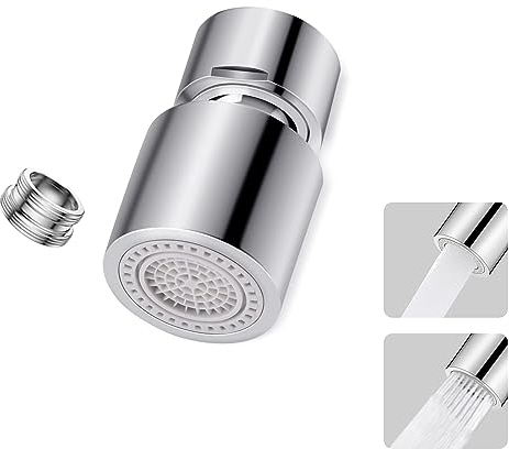 Wasserhahn Aufsatz, Wasserhahn Luftsprudler, Doppelfunktion Wasserhahn Sprudler 360° Drehbar, Wassersparer Wasserhahn mit 2 Modi für Küche Bad, für 22mm Innengewinde/24mm Außengewinde Adapter