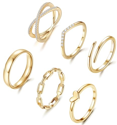 Dochais 6 Stück Goldene Damen Ringe Set, 14K Vergoldet Stapelbare Knöchelringe, Wasserfest Gold Fingerringe für Frauen, Verlobungsring, Komfort Fit Größe 15,8-18,9