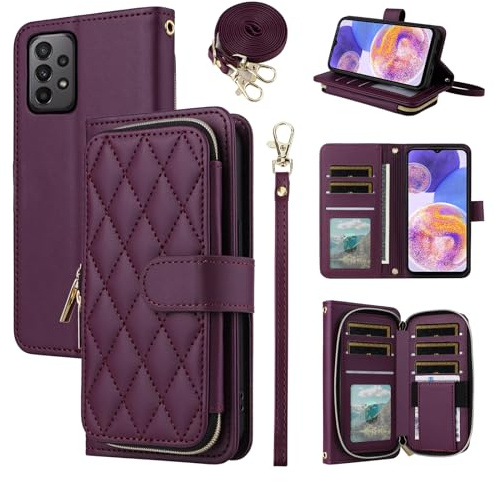 ELISORLI Wallet Case for Samsung Galaxy A23 5G/4G with Detachable Wrist Strap,Crossbody Shoulder Strap,9+ Card Slots Zipper Purse Luxury PU Leather Stand Cell Phone Cover fA 23 23A 6.6 Girls Wine Red