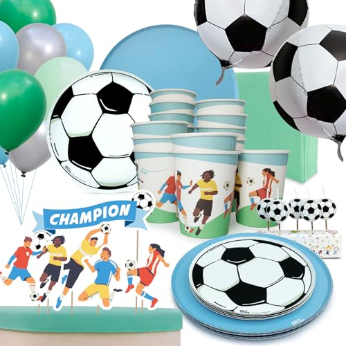 PARTY PARTY 97 Teile Fußball Geburtstag Set Blau 16 Gäste, EM PARTYGESCHIRR + CAKETOPPER + KERZEN+ BALLONS, Fußballparty Geburtstag Fußball Deko Jungen Mädchen