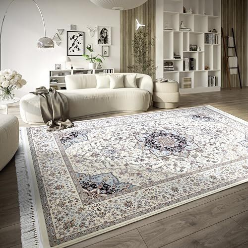 Villeroy & Boch Kurzflor Teppich Etienne - Orientalischer Wohnzimmerteppich - Dicht gewebt mit Fransen - Klassischer Teppich für Wohnzimmer, Schlafzimmer, Esszimmer, Flur – Blau Creme, 190x285cm