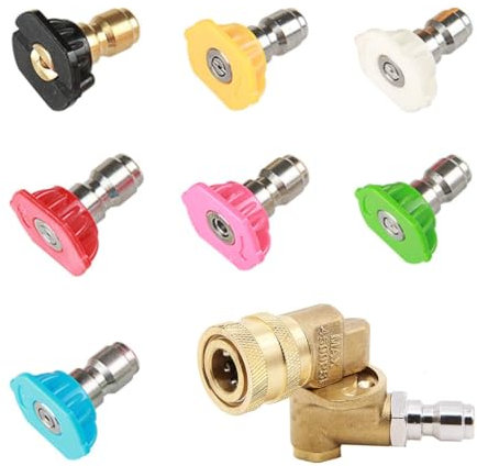 Boerni 7 pcs Quick Release Pressure Washer Spray Nozzle Tips with Quick Connecting Pivoting Coupler, 4500 PSI 1/4”Plug, 90 Degree Rotation, Cleaning Hard to Reach Areas for Car Garden Cleaning