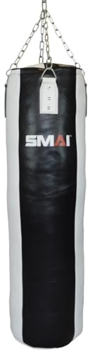 SMAI Boxsack Echtleder gefüllt, schwarz-weiß 190 cm - Professionelle Ausführung - Boxen, Kickboxen, Fitness, Training