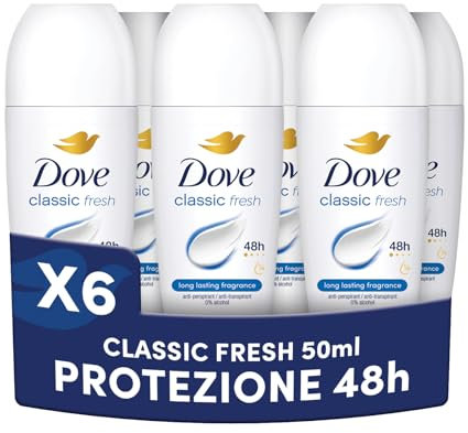 Dove Deodorante Roll On, Classic Care, Deodorante Antitraspirante Roll On, Protezione Fino a 48 Ore, con 1/4 di Crema Idratante, Formula Delicata, Deodorante Uomo e Donna, 6 Pezzi da 50 ml