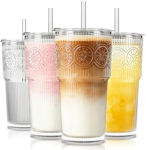 SoulTimes 600 ml Glasbecher mit Deckel und Glasstrohhalm, 4 Stück – Wiederverwendbare Trinkgläser für Eiskaffee, Wasser, Smoothies, Milch, Cocktails & Matcha – Perfekt für Alltag und Reisen
