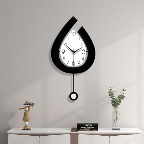 JIUJIUDA Große Wanduhr für Wohnzimmer Dekoration, Modern Dekorative Pendel Wanduhren, Batteriebetrieben, Lautlos ohne Tickgeräusche, Schwarze Metall Wanduhr für Küche, Büro, Schlafzimmer, 30x57cm