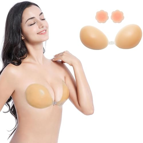 DODOING Upgrade Sticky Bra for Women - Strapless Stick on Bra, Invisible Backless Adhesive Bra with Strong Hold, Breathable Push Up Reusable Silicone Bra for Wedding/Deep V Dresses/Party (Nude-D)