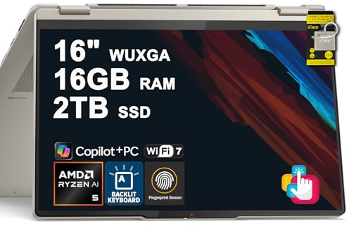 Lenovo Yoga 7 Ordinateur portable 2 en 1 16 WUXGA IPS Touch (brillant anti-traces de doigts) AMD 8 cœurs Ryzen AI 5 340 (jusqu'à 50 AI Tops) 16 Go de RAM 2 To SSD pour Creator Business Professional