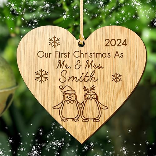 First Christmas as Mr and Mrs Decoration Bauble Personalised Xmas Tree Ornament Married Wood Tree Bauble For 1st Wedding Gifts Keepsake For Him Or Her Hand Finished in UK(Heart 1)