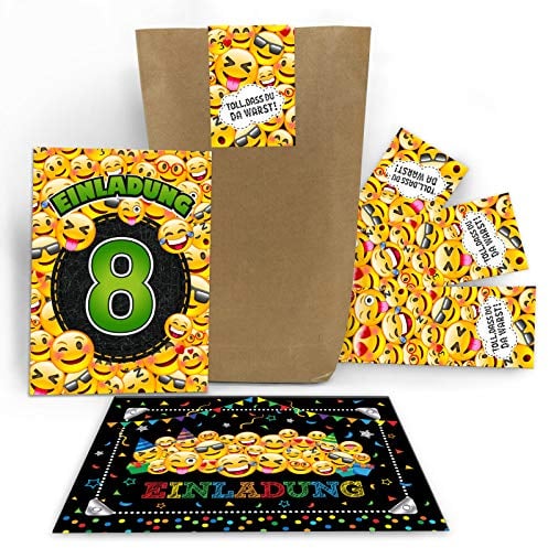 Junaversum 12 Einladungskarten Kindergeburtstag Mädchen Jungen zum 8. achte Geburtstag Kinder incl. 12 Umschläge, 12 Tüten, 12 Aufkleber coole Einladungen