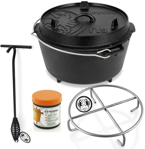Petromax Feuertopf ft3 Einsteiger-Set - Dutch Oven mit Standfüßen inklusive Deckelheber, Pflegepaste und Untersetzer - für alle Grillarten und offenes Feuer - 1,6 Liter