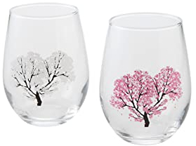 Japanese Sakura Cherry Blossom Color Changing Glass Cups (Pair) Magical Blooming Wine Glasses