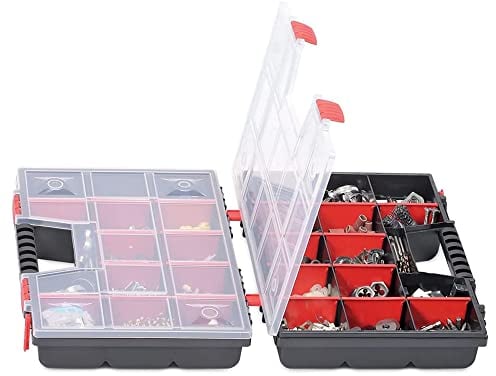 Kistenberg Sortimentskasten Kleinteilemagazin Sortierbox Sortierkasten Doppelorganisatoren für Kleinteile (herausnehmbare Trennwände, transparenter Deckel, klappbar, 390 x 290 x 130 mm)