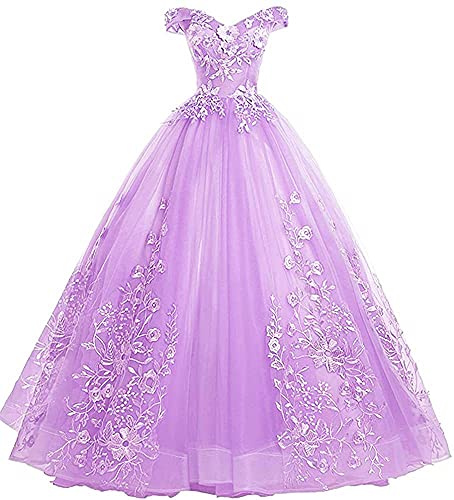 Xinaier Schulterfrei Abendkleider Tüll Prinzessin Lange Party Ballkleider Quinceanera Kleider Flieder Größe 52