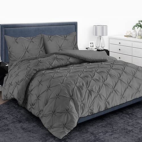 MH Home Pintuck King Size Duvet Cover Set - 200 Thread Count 100% Egyptian Cotton Pinch Pleated Quilt Bedding Covers Set (Charcoal, King)