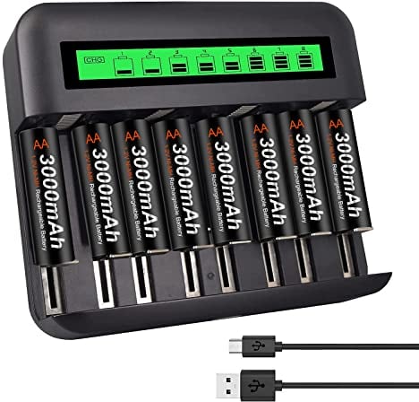 CITYORK Cargador AA AAA C D con 8 Pilas AA Recargables de 3000 mAh, batería de Alto Rendimiento y Juego de Cargador 18 Meses de garantía (la Apariencia Puede Variar)