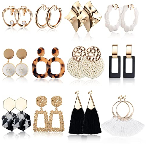 Finrezio 12 Paar Clip On Ohrhänger Set für Damen Statement Quaste Acryl Rattan Tropfenohrringe Minimalistische Geometrische Ohrclips Nicht Durchdringende Ohrringe