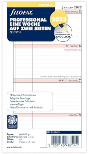 Filofax Personal Professional 1 Woche auf 2 Seiten (deutsch)2023, 23-68475, White/Pink