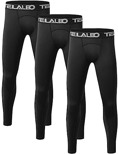 TELALEO Boys' Youth Compression Leggings Pants Tights Athletic Base Layer for Running Hockey Basketball 3 Pack Black-S
