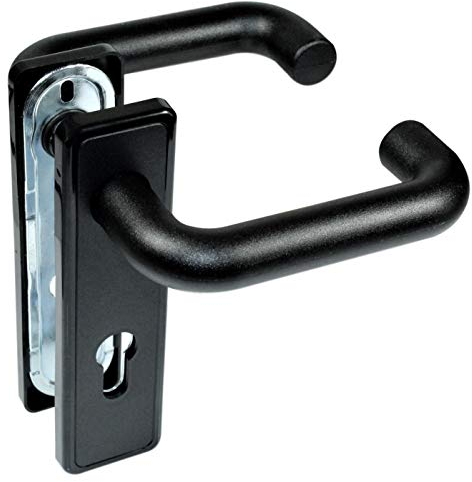 SN-TEC Stahltür FH Tür Beschlag für Feuerschutztüren, Drücker/Knauf, rund/eckig, Kunststoff schwarz nach DIN 18273 FS (Drückergarnitur (beidseitig Drücker), Schildform: Eckig)