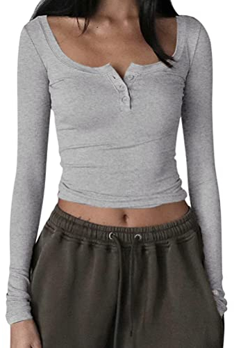 Minetom Damen T-Shirt Y2K Langarm Crop Top Sexy Oberteile Y2K Party Cropped Tee Shirts Teenage Aesthetic Mädchen Outfits U-Ausschnitt Langarmshirt Streetwear F Grau XS