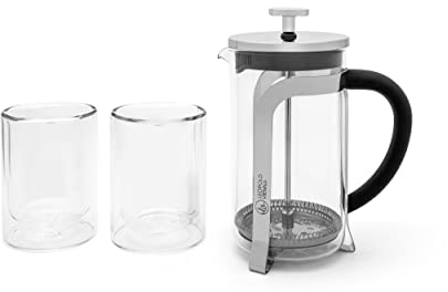 Leopold Vienna 3-tlg. Kaffeebereiter Set 600 ml für 5 Tassen Kaffee - Pressstempelkanne aus Glas inkl. 2 doppelwandige Kaffeebecher