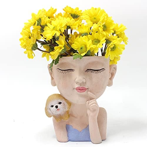 KOCNYDEY Gesicht Blumentopf Niedlich Mädchen und Hund Pflanzgefäß Harz Damen Gesicht Kopf Pflanztopf mit Drainage Loch Sukkulenten Pflanztopf für Pflanzen Blume Kaktus Garten Indoor Outdoor