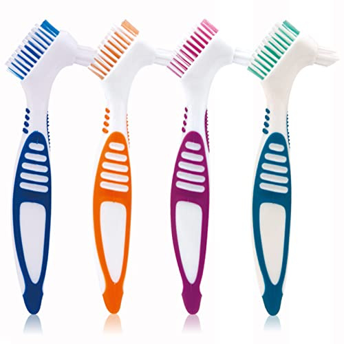 Denture Brush, 4 Pieces Small Toothbrush for Dentures, Multi-Layered Bristles Ergonomic Rubber Handle for False Teeth Cleaning