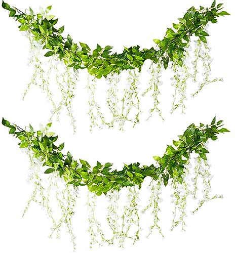 Tuocal Ghirlanda di glicine artificiale, 1,8 m x 1,8 m, ghirlanda di glicine finta, edera in seta da appendere, per feste di nozze, decorazione domestica, bianco