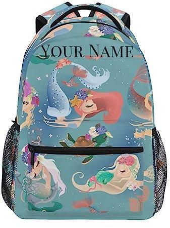 Mnsruu Personalisierter Name Kinder Rucksack Schultasche für Mädchen Custom Rucksack Daypack Cartoon Meerjungfrau Prinzessin Blumenkranz Laptop Rucksack, leicht und wasserabweisend, #51, M