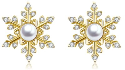 Kamise Schmuckset für Damen, 925 Sterling Silber Weihnachten Schmuck Set, 2 Stück Schneeflocke Halskette & Ohrstecke mit Perle Zirkonia, Hypoallergen 45cm Anhänger Silberkette Weihnachten Ohrringe
