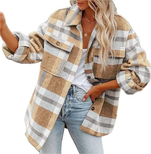 LEKOPUR Veste de Chemise à Carreaux pour Femme - Bûcheron - Manteau Automne Hiver - Flanelle - Chemisier Beige, L