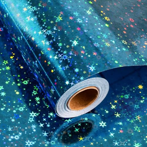 Merture Holografische Weltraum-Geschenkpapierrolle, blaues Geschenkpapier mit glänzendem Galaxie-Design für Geburtstag, Weihnachten, Vatertag, Halloween, 46,5 m²