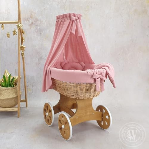 Moseskorb mit Gestell und Matratze mit Baldachin und Bettwäsche Rosa/Pink