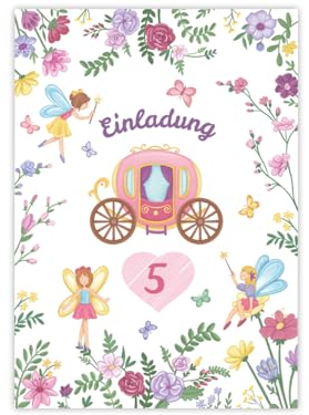 Minkocards 12 Einladungskarten zum 5. Kindergeburtstag Feen Prinzessin Mädchen Einladung fünfte Mädchengeburtstag Geburtstagseinladungen
